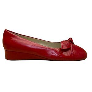 Lazio Collezione Women’s Red Leather Bow Slip-On Jade Wedge Pumps Size 7.5M